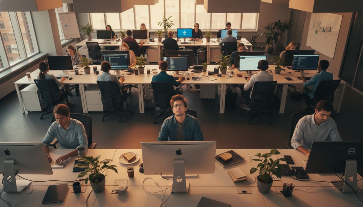 bureau open space personne en pilote automatique