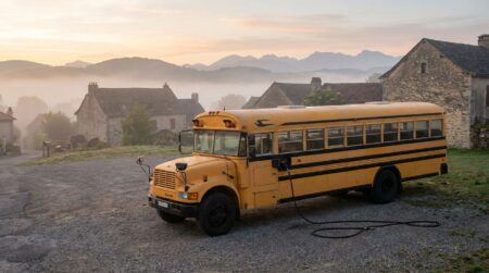 Bus scolaire jaune stationné sur un parking rural à l'aube