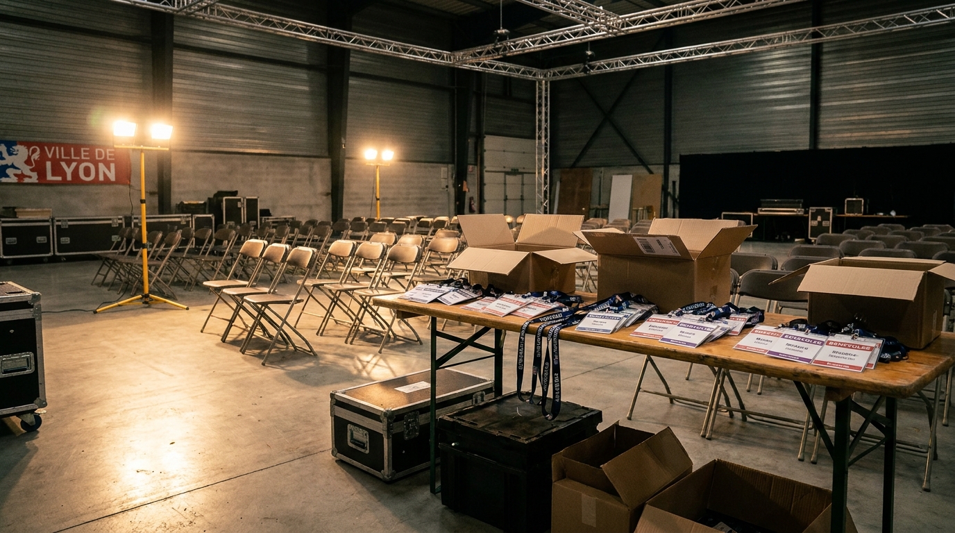 Espace bénévoles vide avec badges sur une table en coulisses d'un événement