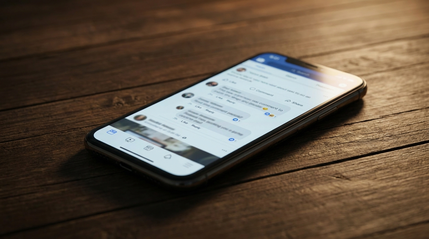 Smartphone posé sur une table sombre montrant un fil de réseau social avec des bulles de commentaires floutées