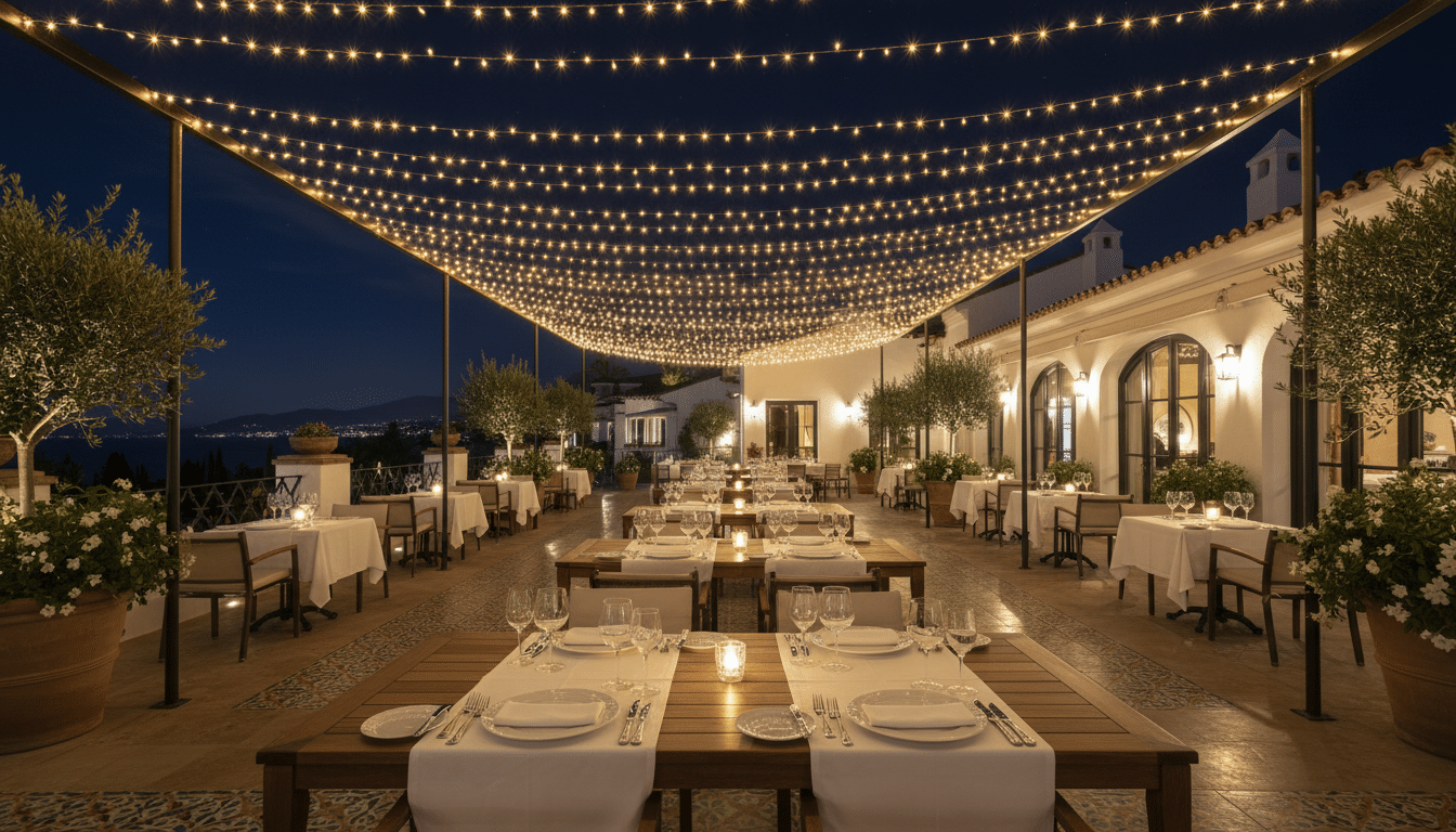 Terrasse de restaurant chic à Marbella la nuit, lumières dorées et ambiance méditerranéenne