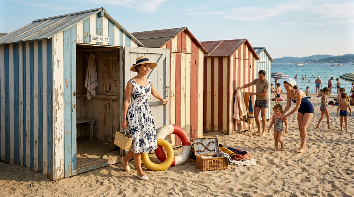 Cabines de plage en bois des années 1950 en France