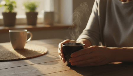 Femme tenant une tasse de café noir fumant