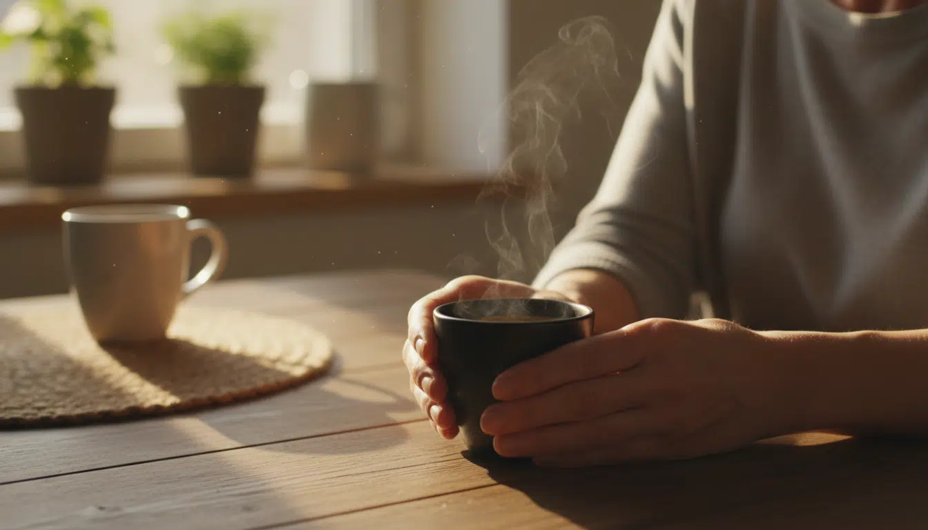 Femme tenant une tasse de café noir fumant
