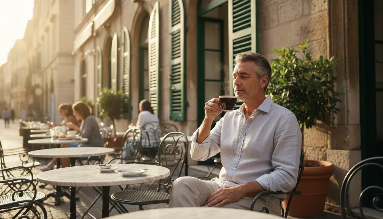 Homme buvant un café filtre en terrasse