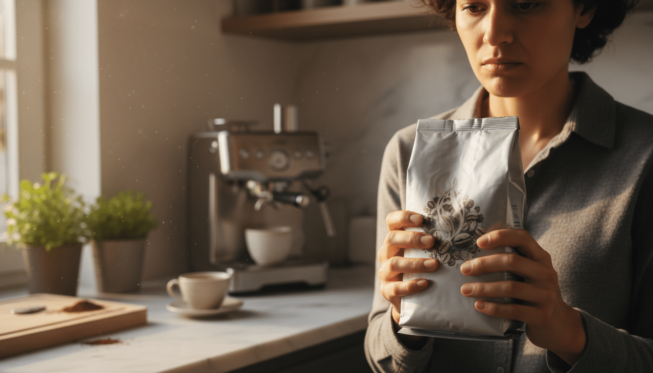 Paquet de café moulu tenu dans une cuisine française