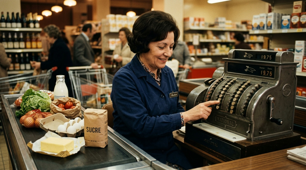 Caissière française utilisant une caisse enregistreuse mécanique années 70