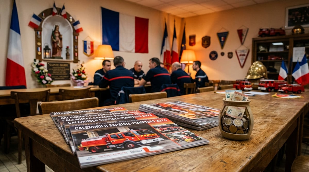 Calendriers de pompiers empilés avec une boîte de collecte