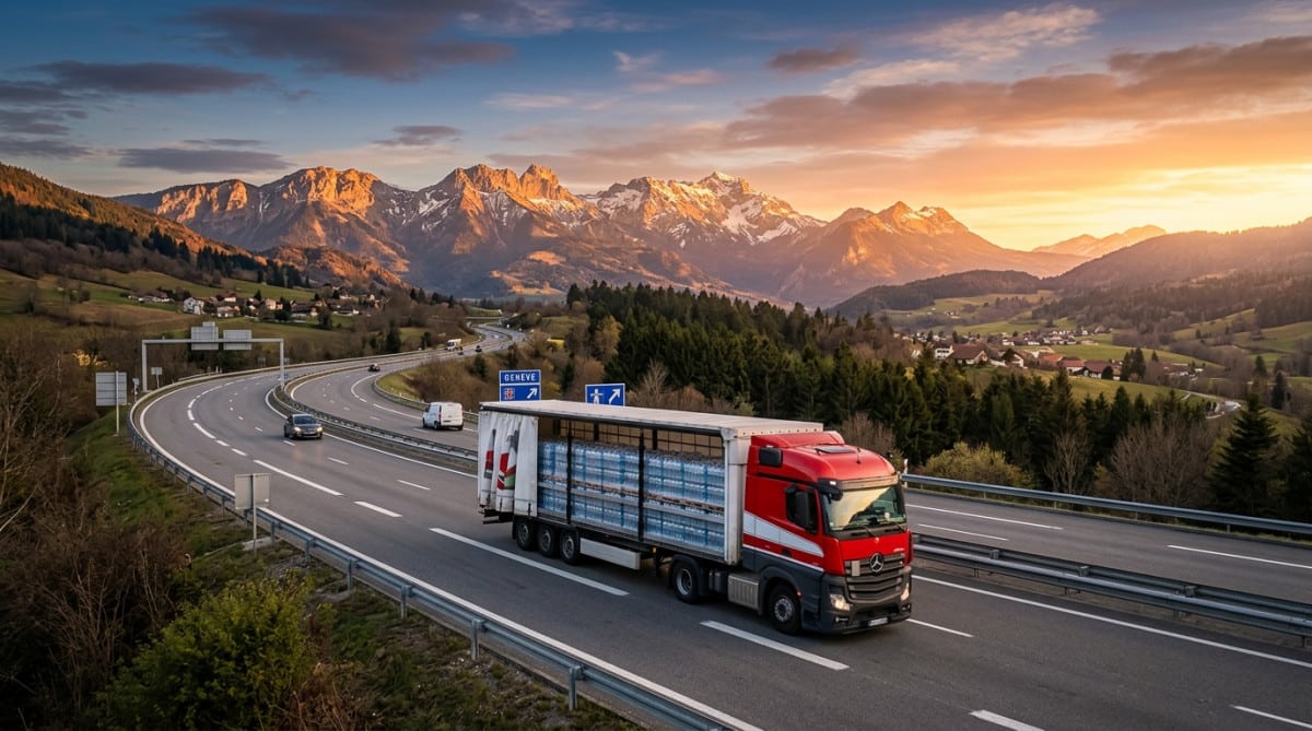 Camion de livraison de bouteilles d'eau sur autoroute française