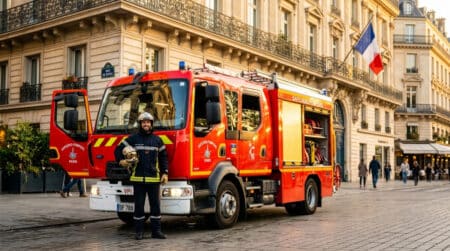 Camion de pompiers rouge garé devant un immeuble parisien