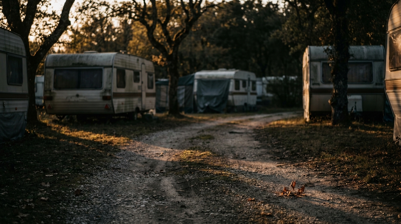 Allée de camping déserte au crépuscule en Seine-et-Marne