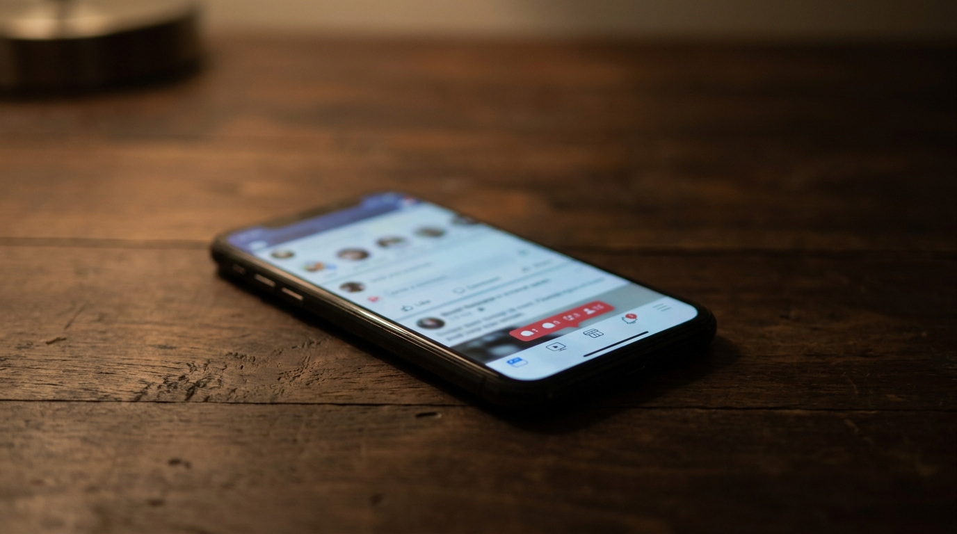 Smartphone posé sur une table avec notifications de réseaux sociaux