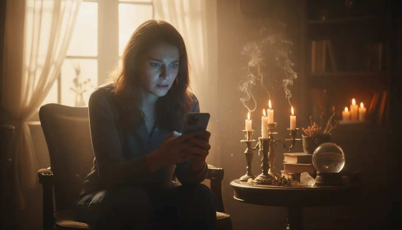 Personne inquiète regardant son smartphone dans la pénombre