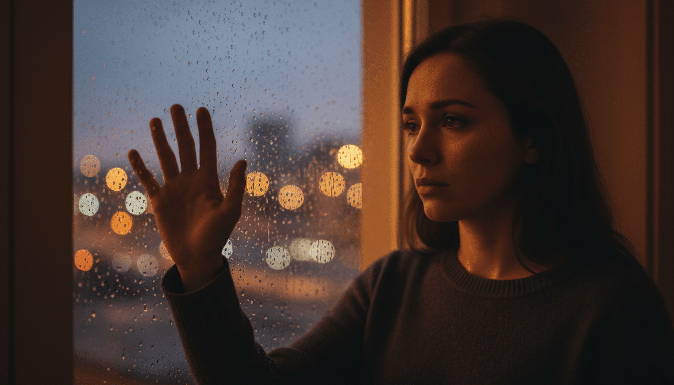 Femme mélancolique devant une fenêtre au crépuscule