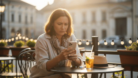 Personne hésitante seule en terrasse d'été ensoleillée