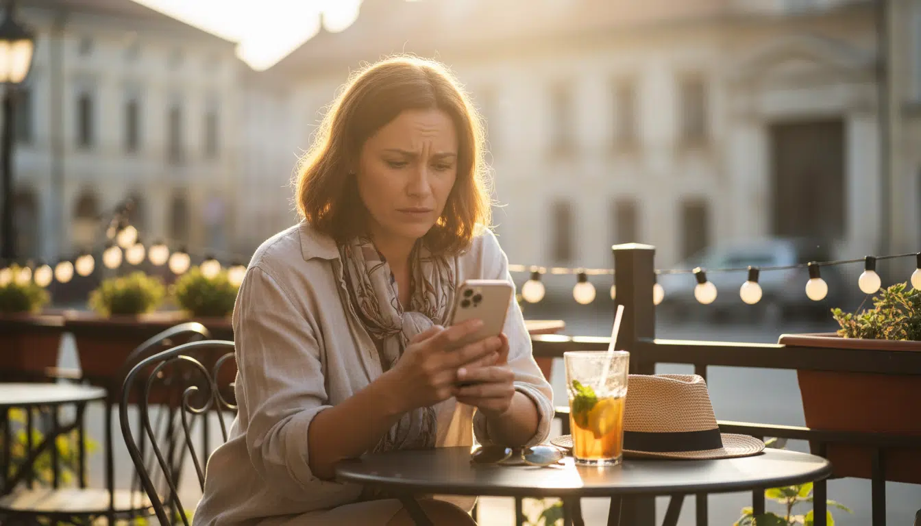 Personne hésitante seule en terrasse d'été ensoleillée