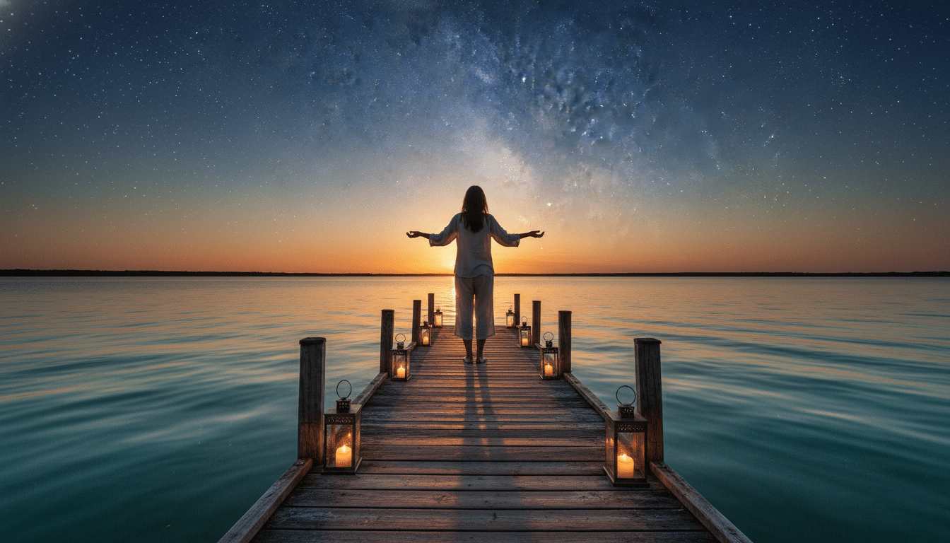 Personne hésitant à plonger au bord d'un lac au coucher du soleil