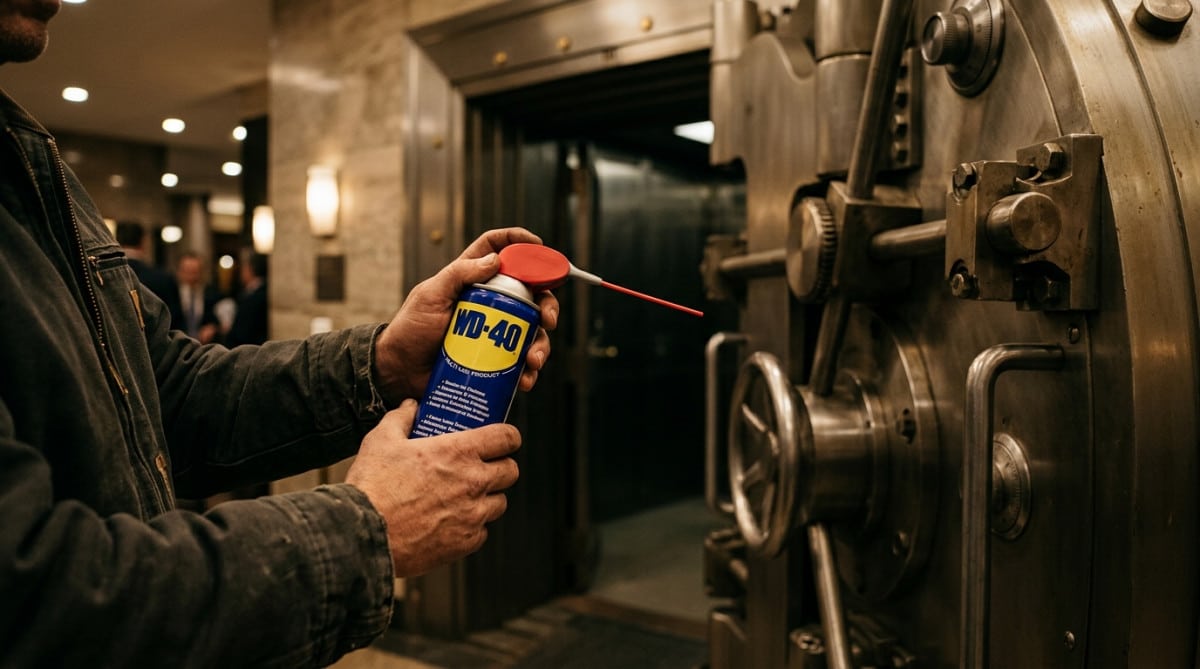 Canette de WD-40 devant un coffre-fort bancaire ouvert