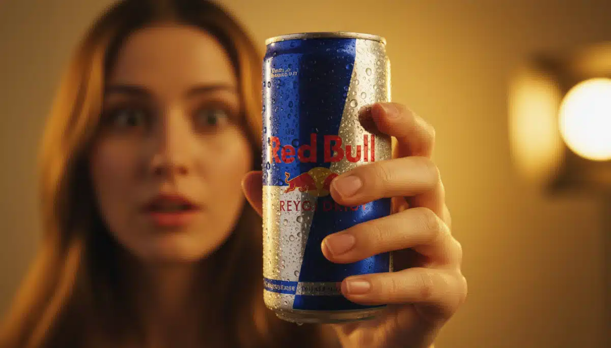 Canette Red Bull tenue à la main avec condensation
