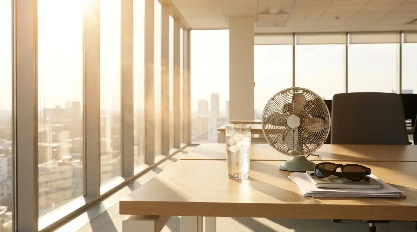 Bureau vide avec ventilateur et verre d'eau glacée en pleine chaleur