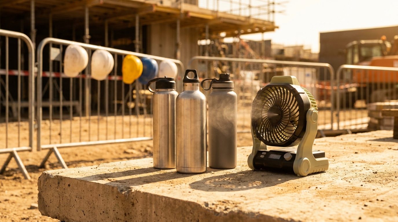 Bouteilles d'eau et brumisateur sur un chantier en plein soleil