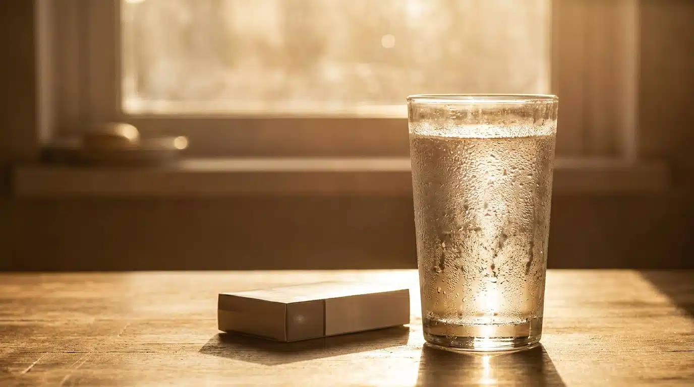 Verre d'eau et boîte de médicaments sur un comptoir ensoleillé
