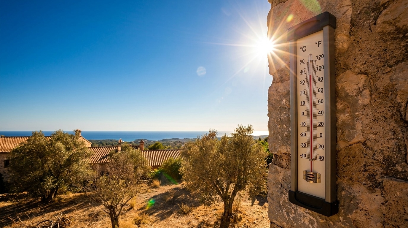 Thermomètre extérieur affichant une température élevée en plein soleil