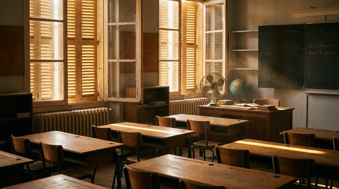 Salle de classe vide avec volets mi-clos et ventilateur