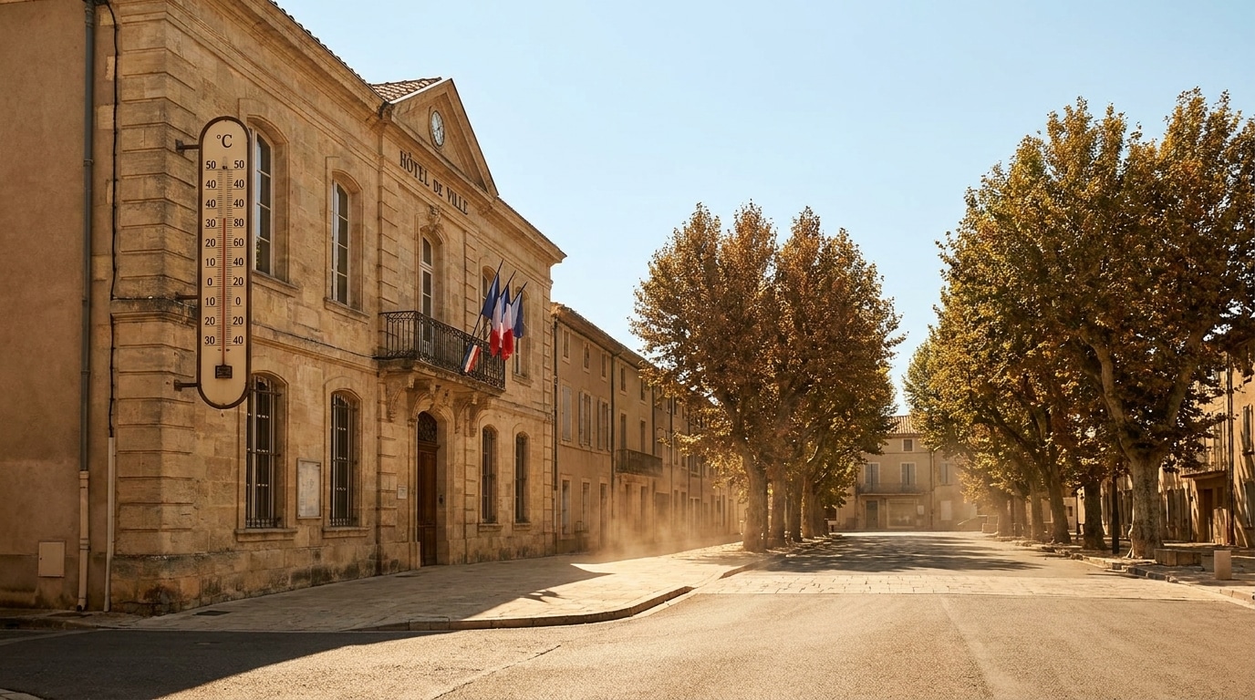 Façade de mairie française sous une chaleur intense