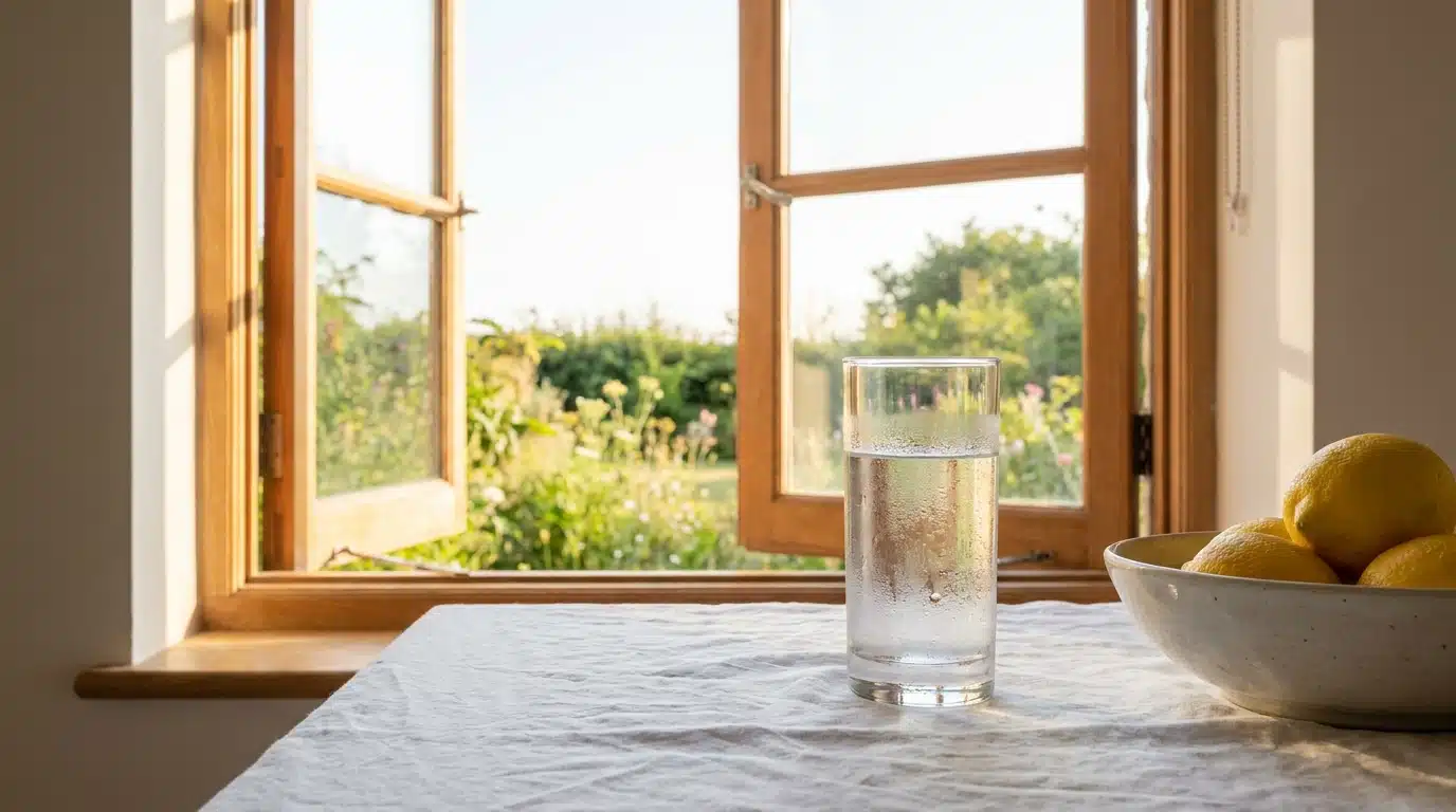 Verre d'eau fraîche posé près d'une fenêtre ensoleillée