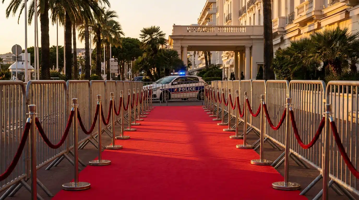 Tapis rouge de Cannes désert avec véhicule de police au loin
