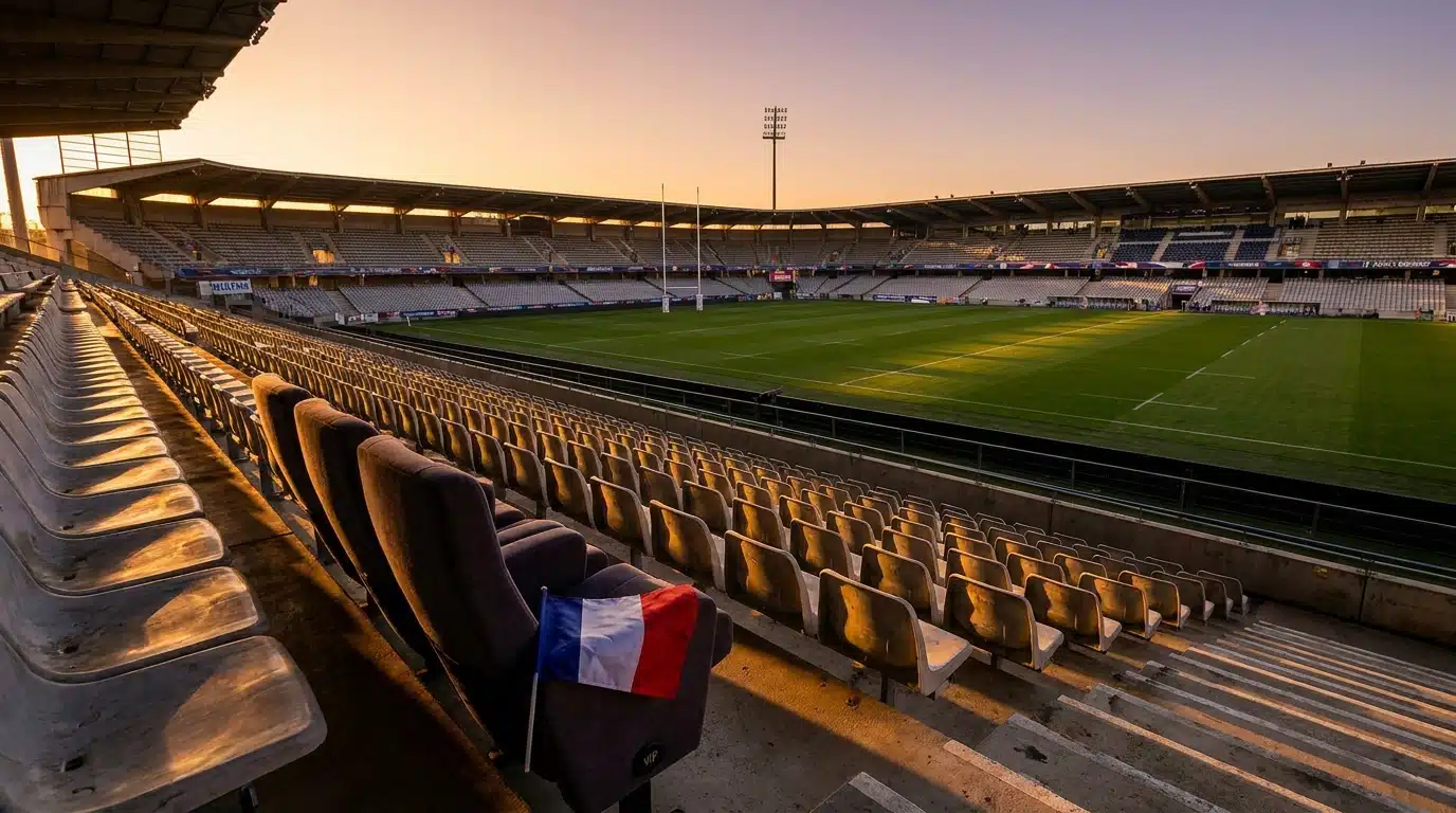 Tribune vide d'un stade de rugby au coucher du soleil avec un petit drapeau français
