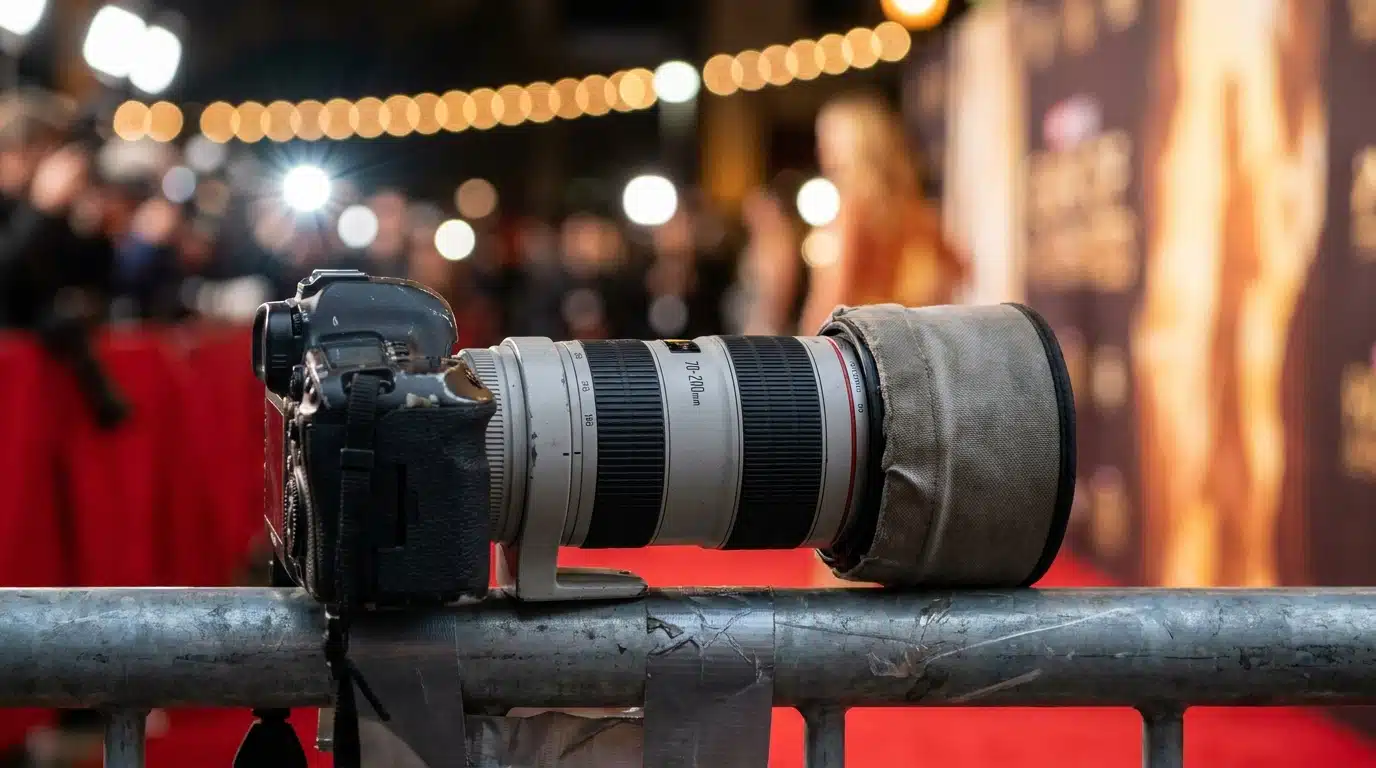 Appareil photo professionnel posé sur une barrière de festival de Cannes