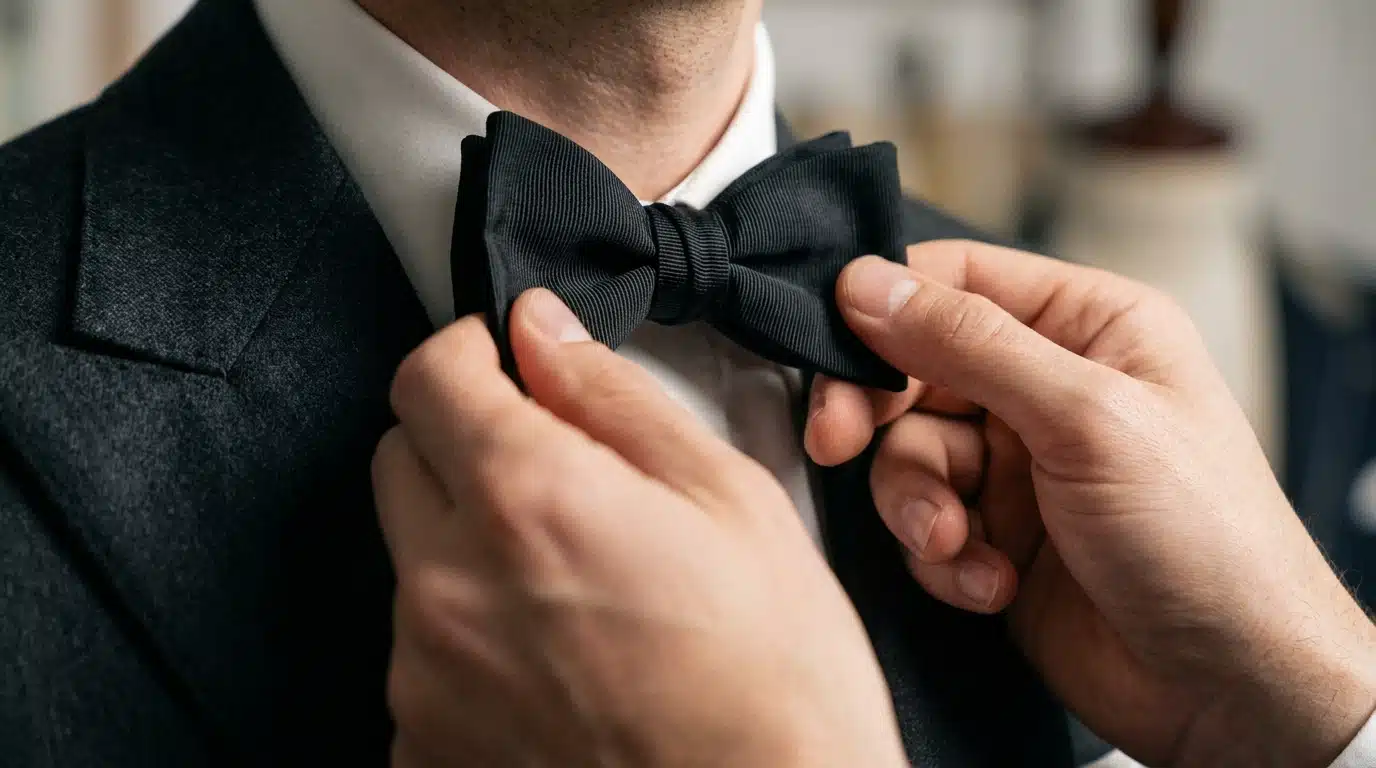 Nœud papillon noir ajusté sur un costume de soirée