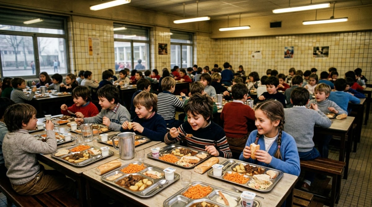 Cantine scolaire française des années 1980 avec plateaux en aluminium