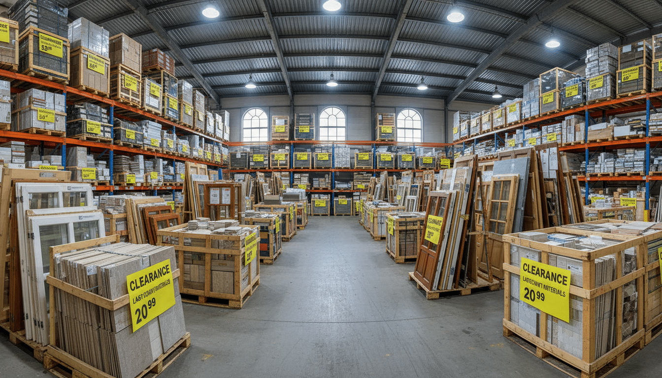 Entrepôt de matériaux de construction déstockés avec étiquettes de prix soldés