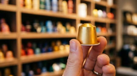 Capsule Nespresso dorée tenue entre les doigts