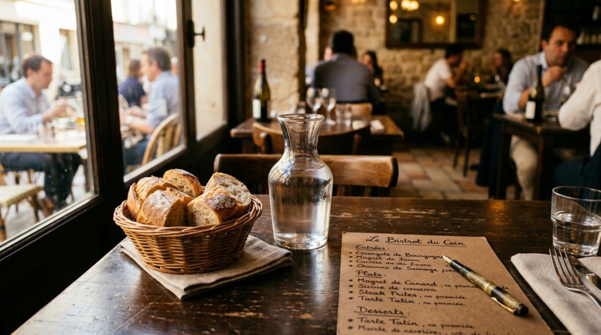 Carafe d'eau et corbeille de pain sur table de restaurant