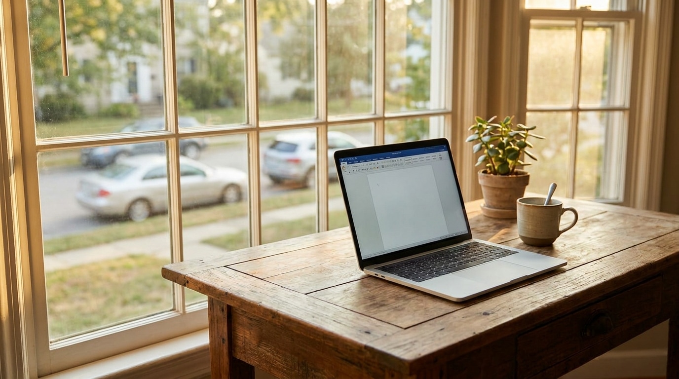 Bureau à domicile avec ordinateur portable près d'une fenêtre