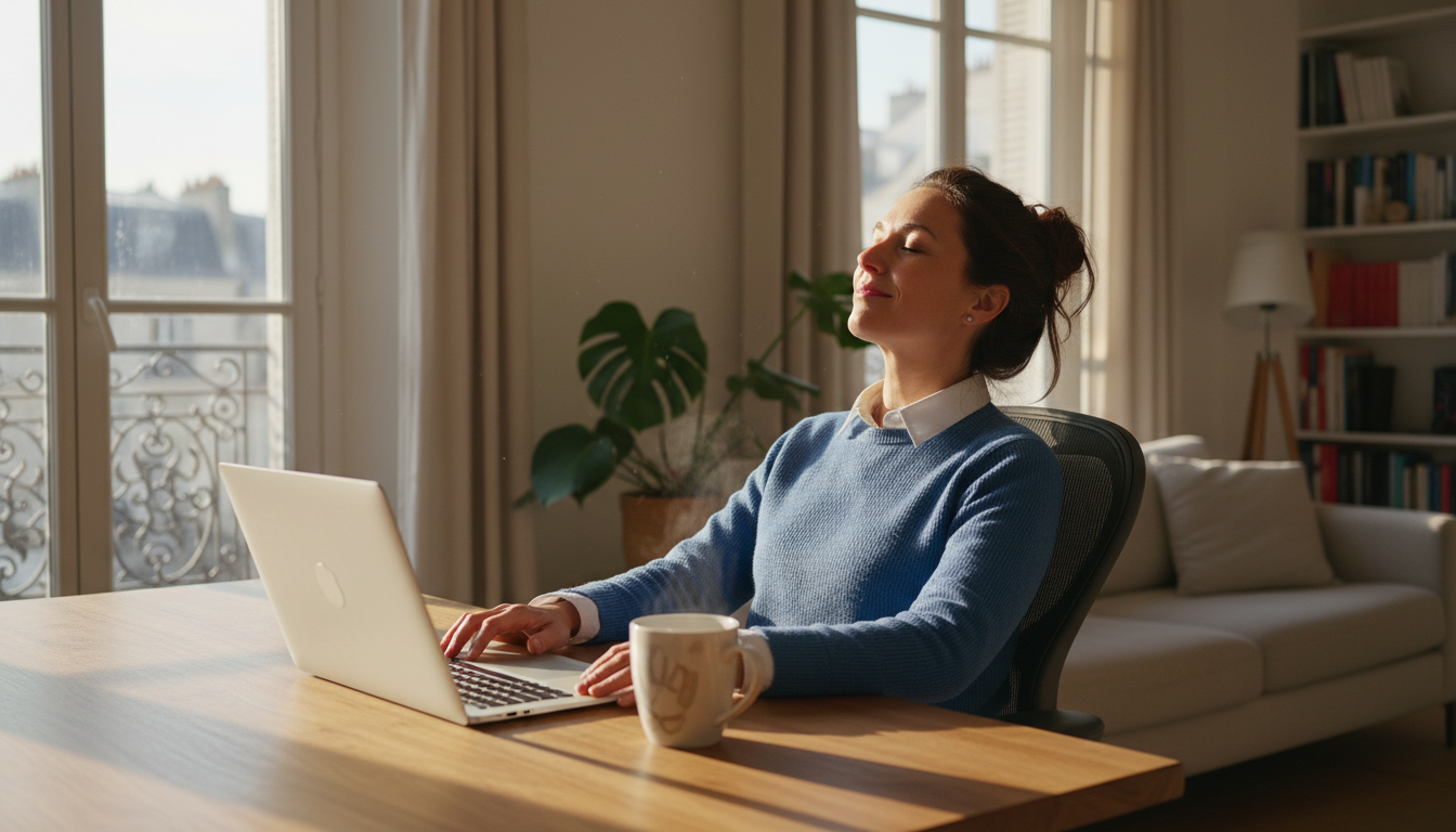 Fonctionnaire français en télétravail à domicile devant son ordinateur