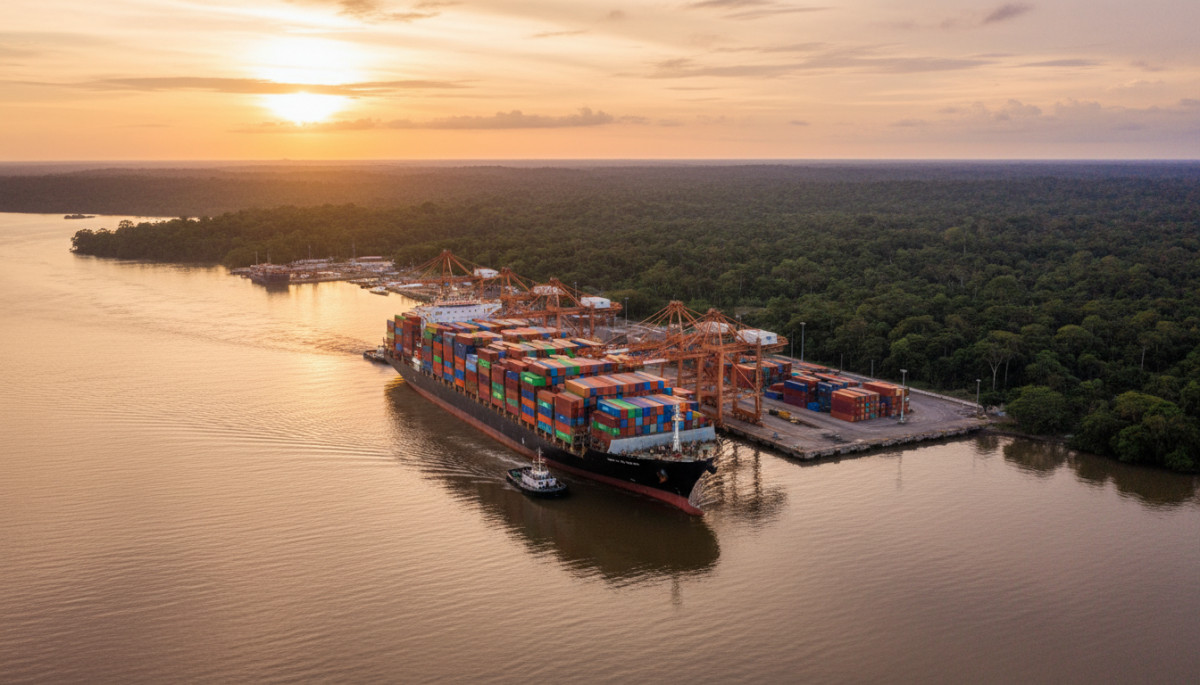 Cargo de marchandises arrivant au port tropical de Guyane