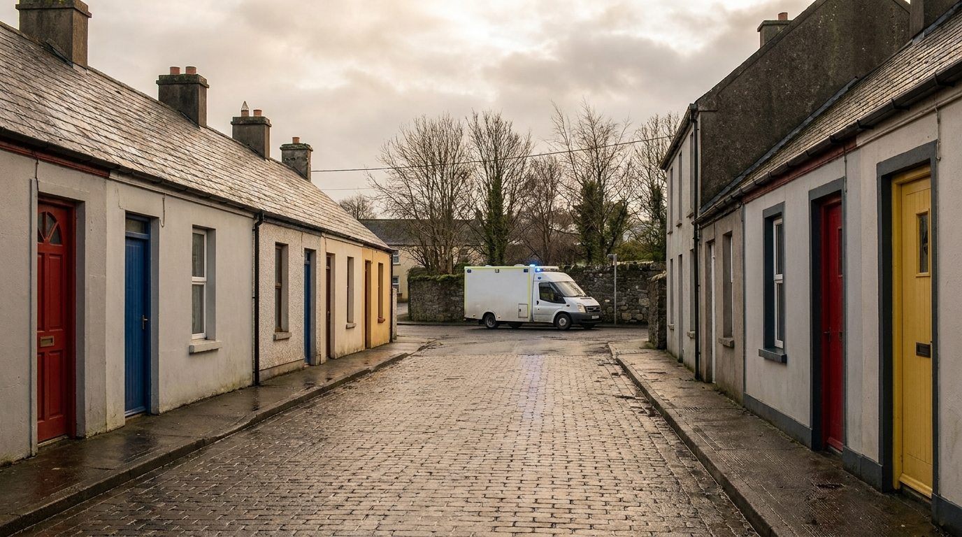 Rue résidentielle irlandaise avec ambulance garée au loin