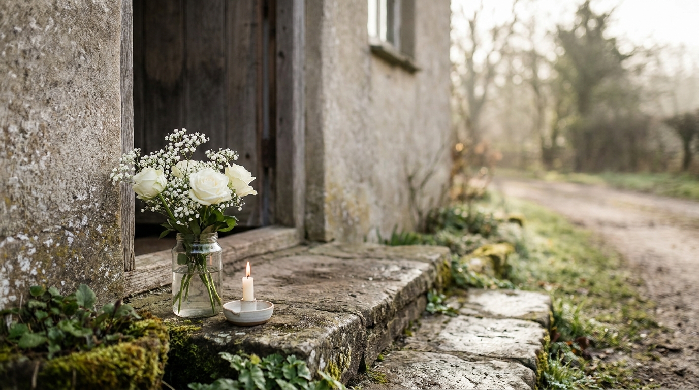 Bouquet de fleurs blanches et bougie sur un seuil de porte