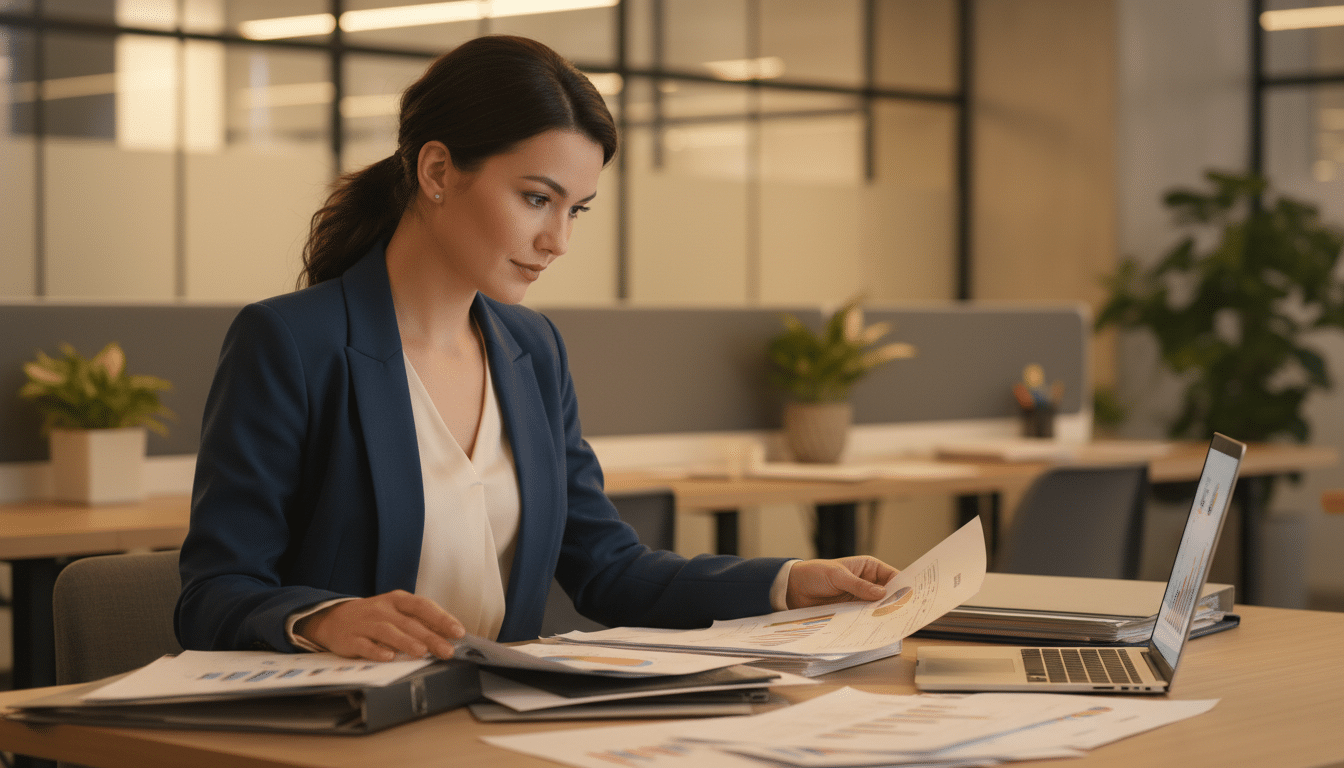 Femme déterminée révisant des documents dans un bureau moderne