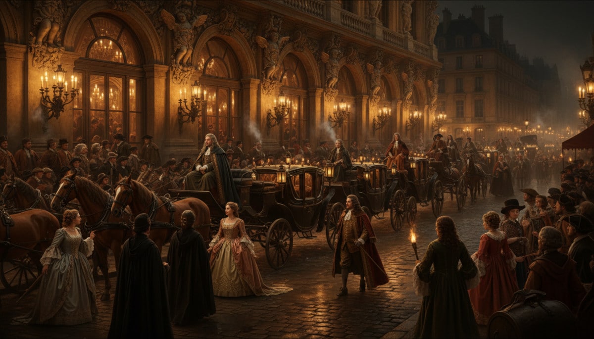 Carrosses devant un théâtre parisien au XVIIe siècle