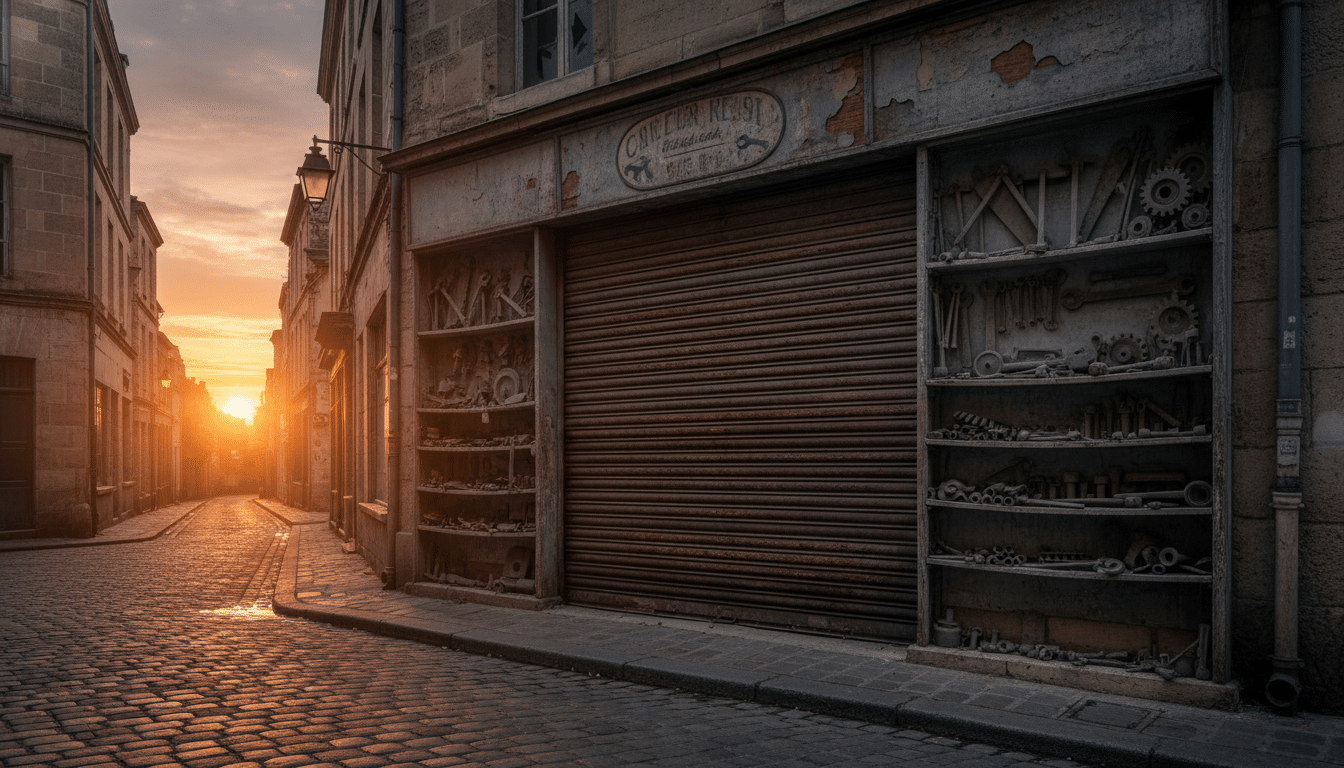 Garage fermé et abandonné en France évoquant les structures fictives