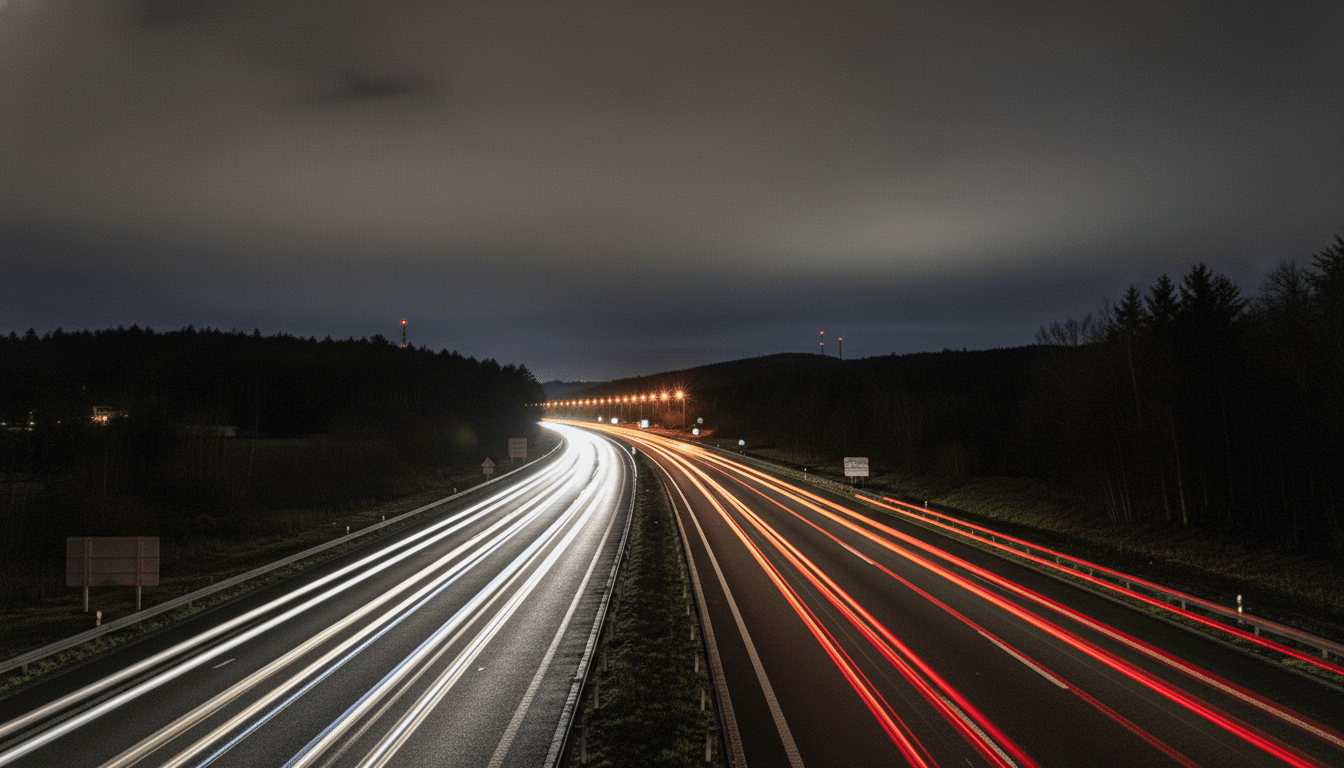 Route de nuit avec phares de voiture suggérant un go fast