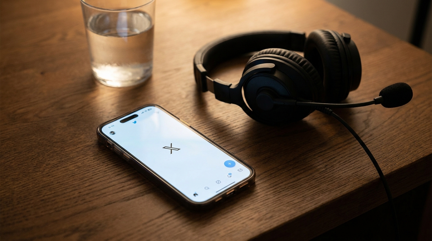 Smartphone posé près d'un casque de journaliste sur un bureau