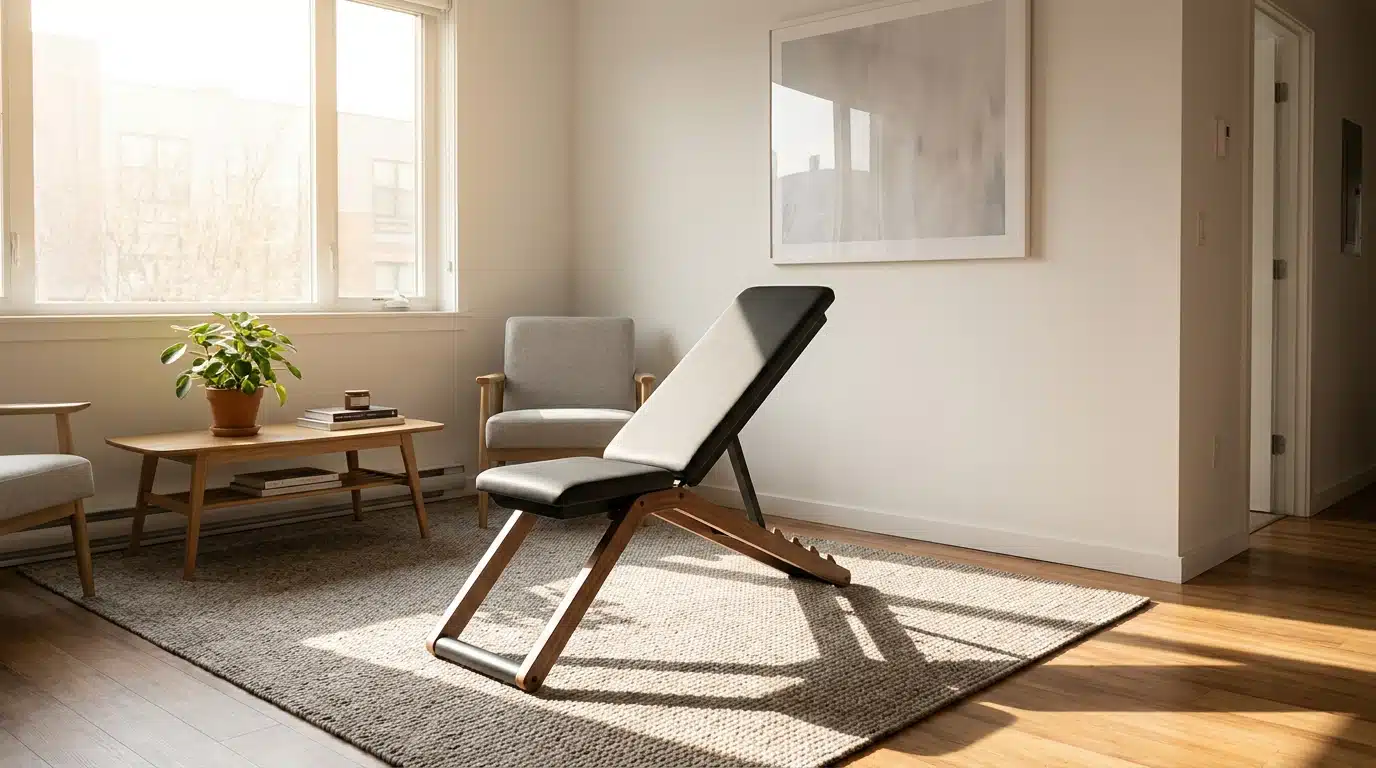 Banc de musculation pliable dans un petit salon lumineux