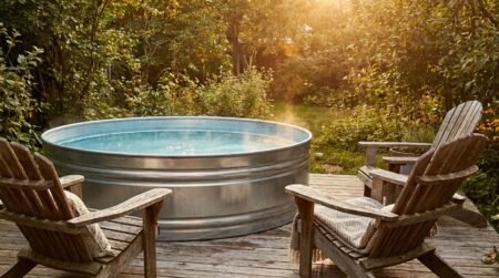 Bassin en acier galvanisé rempli d'eau sur terrasse en bois